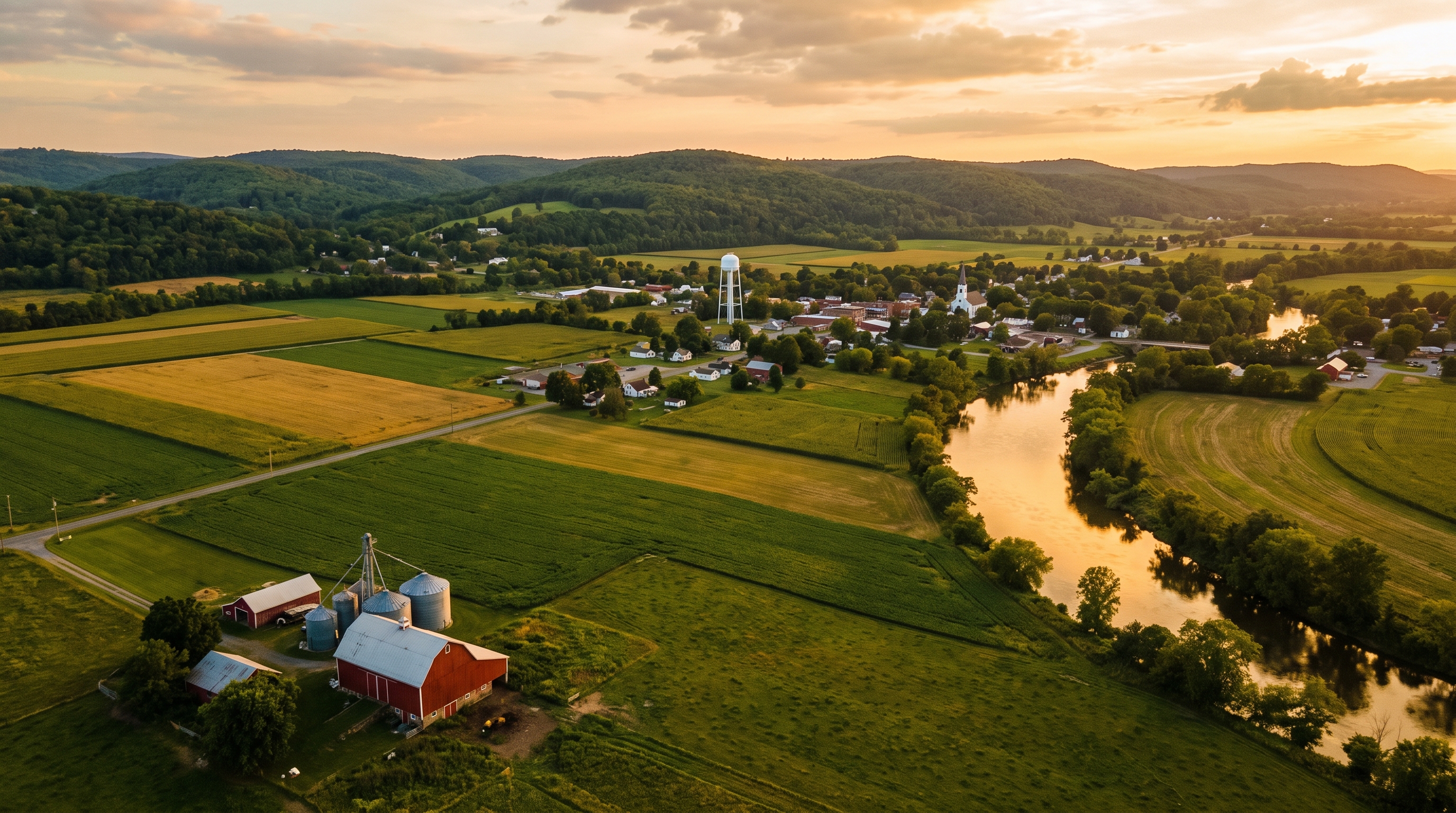 Aerial view of a rural American valley at golden hour